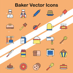 Collection of baker vector icons representing various baking tools and products suitable for food and culinary themes.