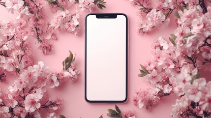 A smartphone surrounded by pink cherry blossoms on a soft pink background.