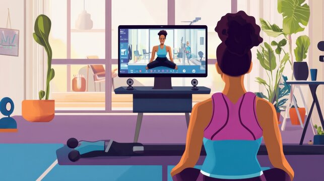 A fitness instructor leading an interactive online fitness class with participants joining from home via video conferencing, Modern lifestyle scene, Virtual fitness coaching style
