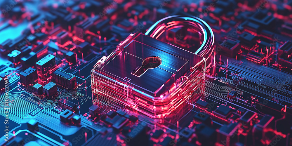 Poster glowing padlock sitting on circuit board representing cybersecurity