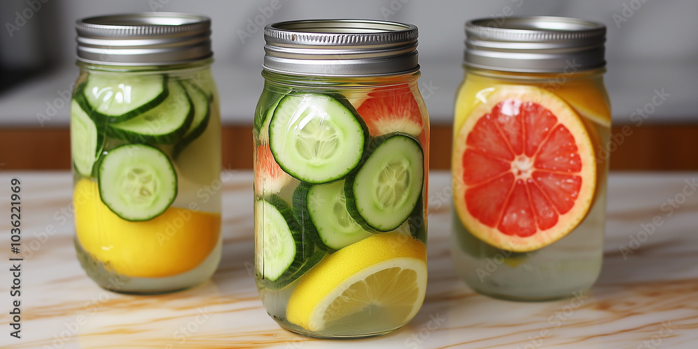 Poster three glass jars filled with water, grapefruit, lemon and cucumber slices on table