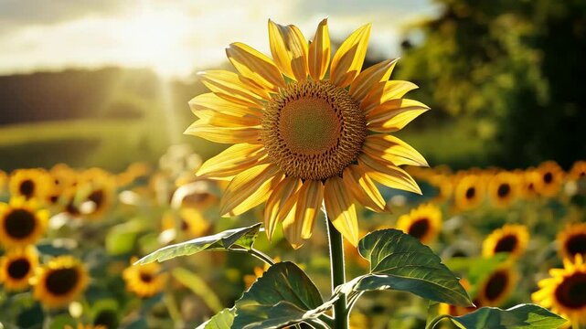 A single sunflower blooms in a field of sunflowers, bathed in the warm glow of the setting sun