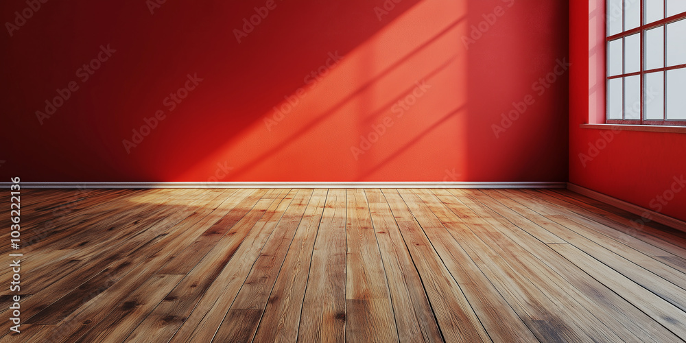 Poster Sunlight casting shadows in empty room with red walls