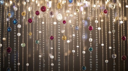 A stunning backdrop featuring vibrant gemstones and diamonds at the top, with luminous vertical pearl lines below for a refined, elegant look