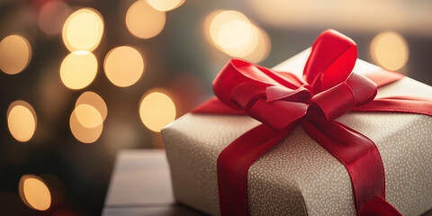 Christmas gift wrapped with red ribbon sitting under blurry lights