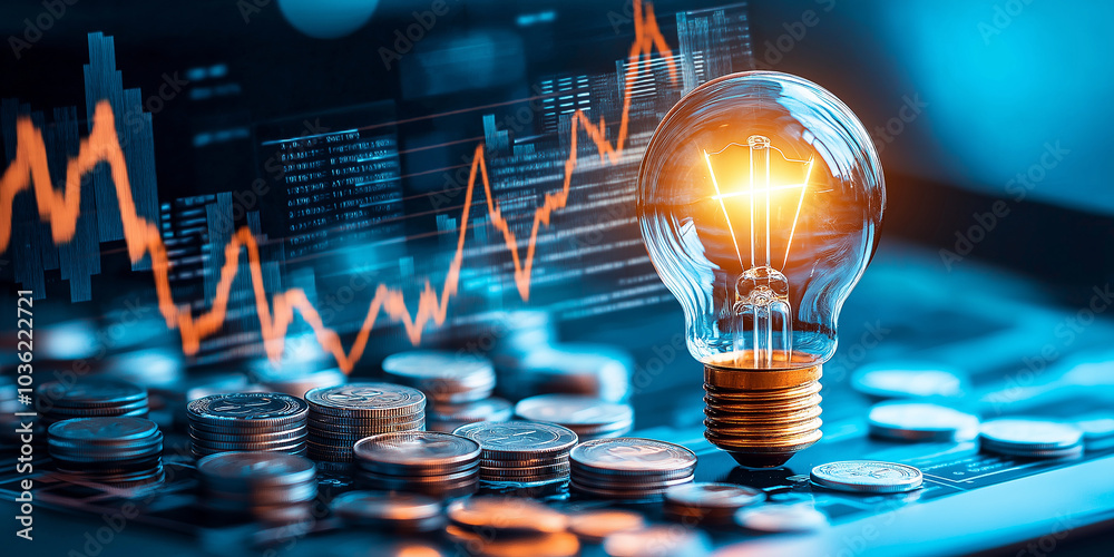 Poster Light bulb is illuminating stacks of coins with a stock market graph in the background