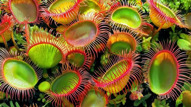 A group of sundews with red, spiky traps are open in a tropical garden