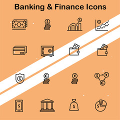 Collection of banking and finance icons illustrating various financial concepts and services suitable for economic themes.