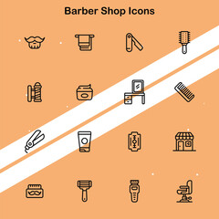 Set of barber shop icons showcasing grooming tools and hairstyles perfect for beauty and personal care themes.