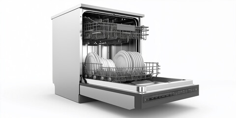 Open dishwasher containing plates is waiting for the wash cycle