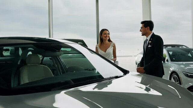 Car salesperson handing over keys to a customer inside a modern dealership. The buyer stands next to a shiny new silver car, finalizing their purchase and smiling.