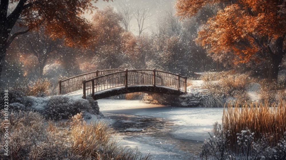 Poster a picturesque bridge arches over a gently flowing stream, framed by trees displaying vibrant autumn 