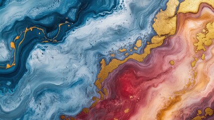 Abstract fluid art with blue, red, and gold marble textures