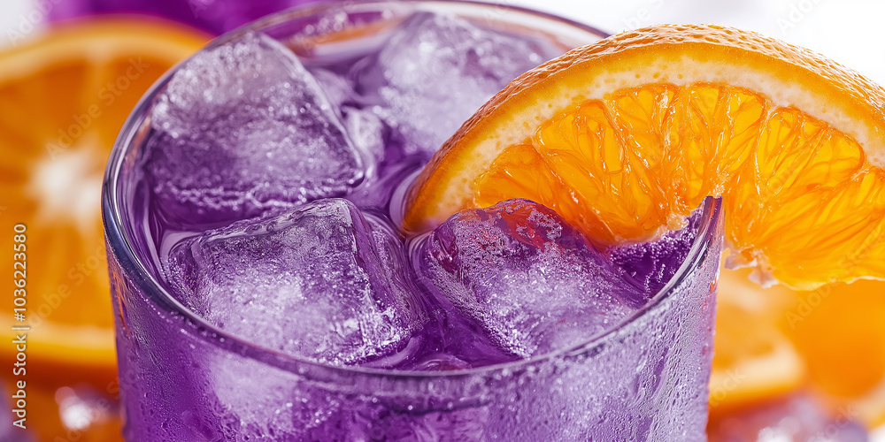 Poster refreshing purple cocktail with ice cubes and orange slice is sparkling
