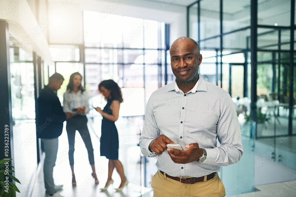 Poster office, businessman and portrait with cellphone for chat, text message and connection for communicat