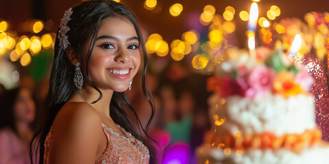 Fototapeta premium Beautiful latin girl smiling and posing at her quinceanera party