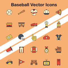 Collection of baseball vector icons depicting equipment and gameplay ideal for sports and outdoor themes.