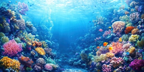 Naklejka premium Vibrant coral reef with colorful fish and sunlight.