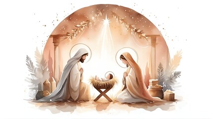 Watercolor minimalist painting representing Nativity scene in Bethlehem. Christmas scene illustration showing holy family baby Jesus in the manger Joseph and Mary. Banner. 