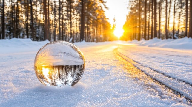 The crystal ball captures a tranquil winter scene with a snow-covered road and tall trees, evoking a festive and magical atmosphere