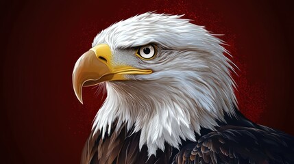 Fototapeta premium Close-up portrait of a majestic bald eagle with sharp eyes and a powerful beak, set against a dark red background.
