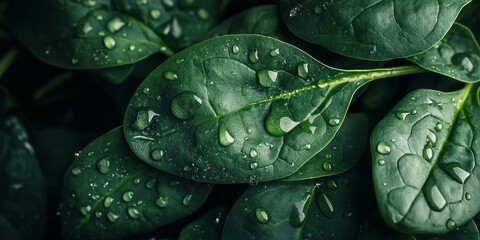 Obraz premium Fresh spinach leaves showing texture and water droplets