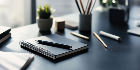 Black notebook lying on modern desk with stationery supplies
