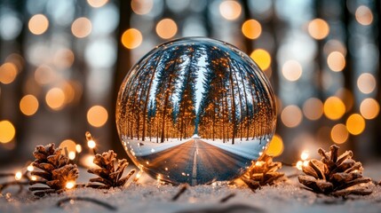 Obraz premium The crystal ball captures a tranquil winter scene with a snow-covered road and tall trees, evoking a festive and magical atmosphere
