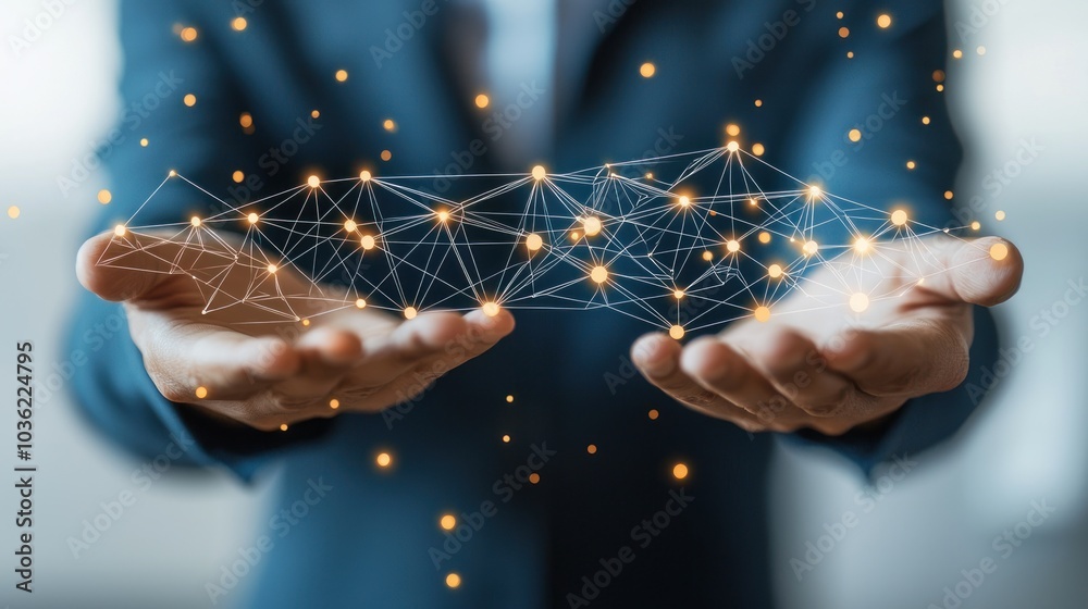Poster person holding a network of interconnected glowing nodes