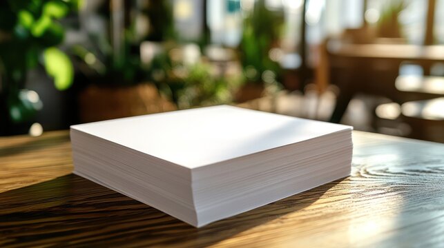 Save to Lib Stacks of blank white paper on a bright, sunny desk, suggesting a busy office or print environment, Reduce paper reduce carbon, Quit using paper, save trees, go digital