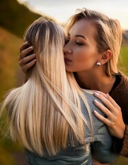 Fototapeta premium young lesbian couple cuddling, AI generated