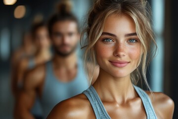Obraz premium Young woman smiling confidently in gym attire with fitness enthusiasts in the background during a workout session