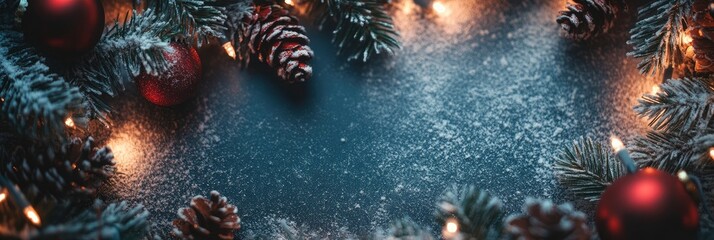 Merry Christmas and Happy Holidays greeting card, frame, banner. New Year. Noel. Snow christmas tree light background. Winter xmas holiday theme. Flat lay, ai