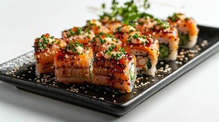 Beautifully arranged sushi including spicy tuna and fresh sashimi on a chic black plate against a white backdrop