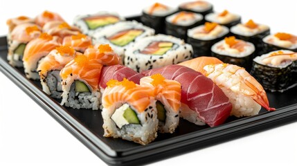 Close-up of assorted sushi including nigiri and maki on a modern black plate, isolated on a clean white backdrop