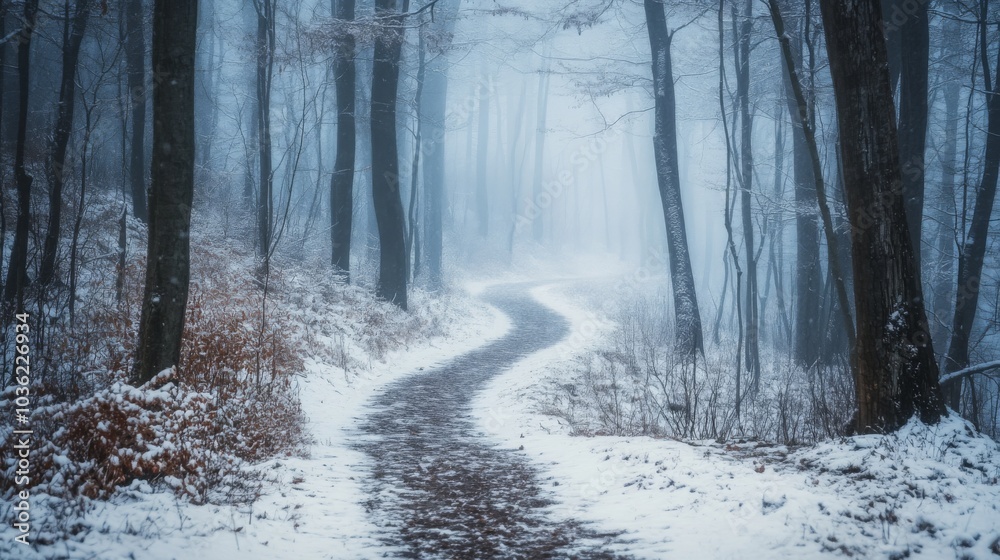 Poster A serene pathway covered in fresh snow meanders through a misty forest, where tall trees stand shrouded in fog, creating a tranquil winter atmosphere just as dawn breaks.
