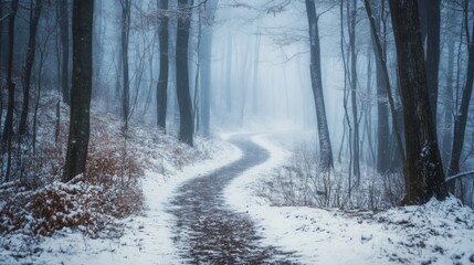 Fototapeta premium A serene pathway covered in fresh snow meanders through a misty forest, where tall trees stand shrouded in fog, creating a tranquil winter atmosphere just as dawn breaks.