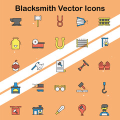 Set of blacksmith vector icons illustrating forging tools and techniques ideal for craftsmanship themes.