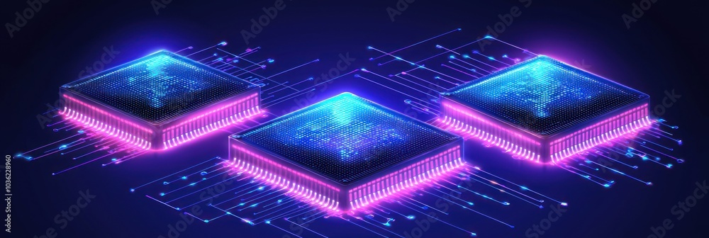 Aufkleber three glowing computer chips connected by neon lines