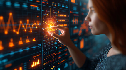 Woman interacting with futuristic data interface, analyzing virtual charts and graphs in a digital environment