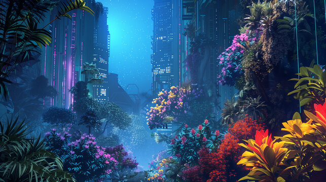 Lush futuristic cityscape illuminated by neon lights, surrounded by vibrant, tropical flora - Powered by Adobe