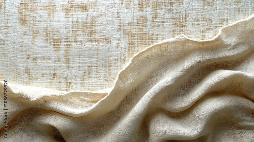 Aufkleber A piece of white fabric softly drapes over a textured background, forming elegant waves that catch the light and create a tranquil atmosphere. The delicate folds enhance the visual appeal.