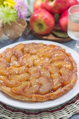 Apple Tart Tartin on plate closeup, french upside down cake, vertical