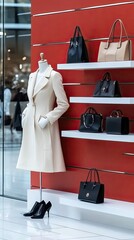 Obraz premium Showcasing fashionable coats, dresses, and accessories in a chic boutique with a vibrant red backdrop and sophisticated lighting