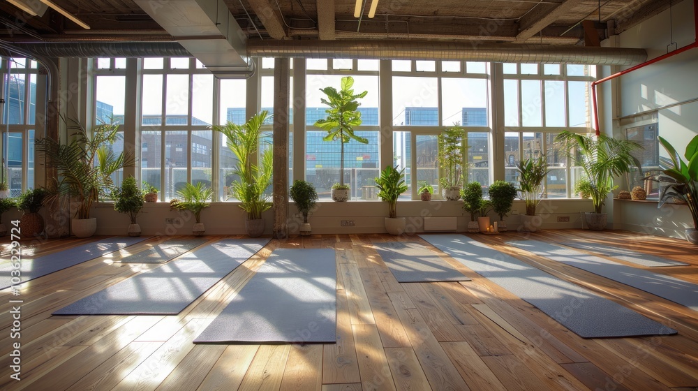 Wall mural spacious yoga studio with large windows, wooden floor, and sunlight streaming through.