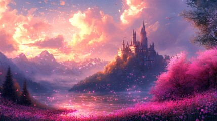 Naklejka premium Pink castle with delicate magical flowers blooming around, shimmering under a twilight sky, fantasy style, glowing hues, digital painting, high detail, mystical