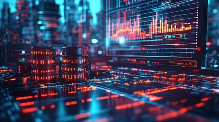 Obraz premium High-tech refinery with oil barrels, a stock market screen in the sky showing sharp oil price movements, monitoring global fuel dynamics