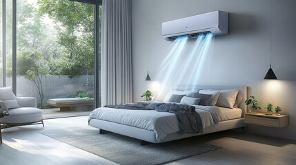 Minimalist bedroom with smart air conditioner, illustrating purification process, highlighting airflow, dust filters, and healthy indoor air