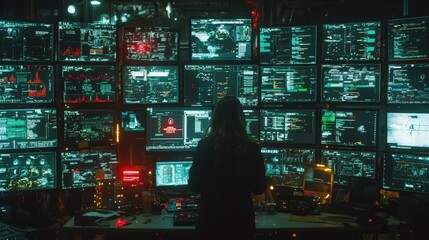 Obraz premium A cybercriminal conducts a ransomware attack from a dimly lit, isolated room filled with multiple computer screens displaying data streams