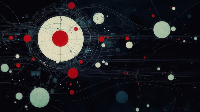 A detailed and colorful diagram showcasing Feynman diagrams illustrating particle interactions in a quantum field environment